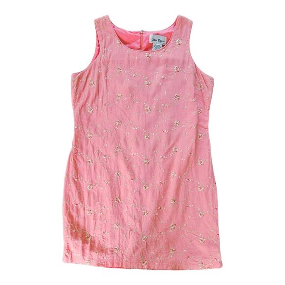 Vintage Floral Embroidered Pink Linen Blend Shift Dress Size 14 Romantic Lined - Picture 1 of 10
